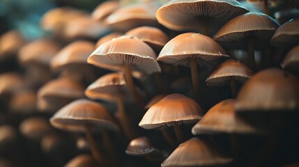 Poster - Series of stacked brown mushrooms captured with contemporary cinematic lighting creating a moody and atmospheric still life scene with a focus on the organic textures and patterns of the fungal forms