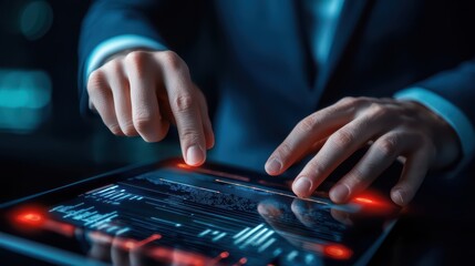 Poster - corporate employee using holographic technology in futuristic setting
