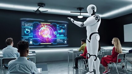 Aufkleber - Humanoid robot presenting data analysis on digital screen to diverse students, showcasing technological advancement and interactive learning in modern classroom environment