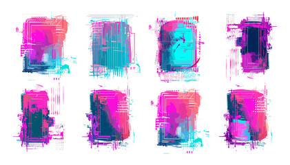 Neon glitch effect vignettes vector with grunge texture, cyberpunk abstract digital aesthetics, futuristic distorted elements, vibrant color splash, transparent background