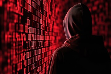 Poster - Mysterious figure in a hoodie facing a wall of digital code at night