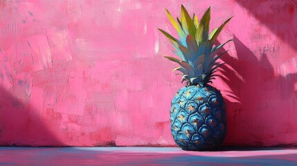 Aufkleber - Blue pineapple against vibrant pink textured wall, surreal artistic composition. Creative and contemporary art concept