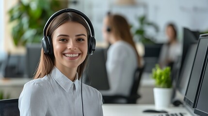 Wall Mural - Smiling female customer service representative wearing headset in office.