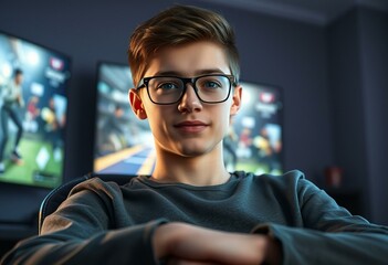 Wall Mural - Teenage boy gamer with screen glow on glasses