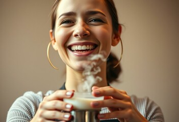 Sticker - Photorealistic portrait of a female Barista laughing while steaming milk