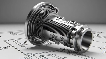 Poster - Complex metallic component slowly rotating, showcasing intricate details and precision engineering, placed on a blueprint highlighting its design and functionality