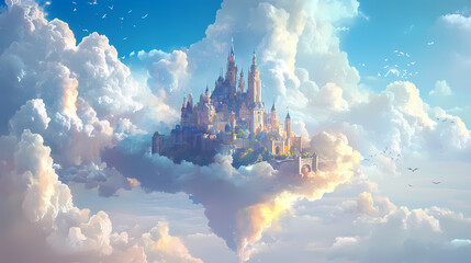 Wall Mural - Fantasy cloud kingdom with floating tiny castles in a dreamy blue sky and whimsical clouds surrounding a majestic castle in a serene landscape background. Whimsical Cloud Castle. Illustration