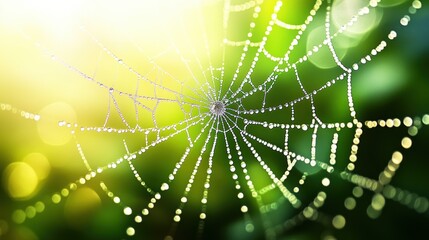 Wall Mural - Beautiful spider web in wild field with dew in morning in Spring.