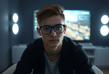 Sticker - Teenage gamer with screen glow on glasses