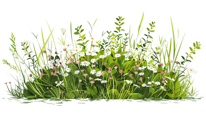 wildflowers and grass bush vector isolated on transparent background, botanical plant, nature clipar