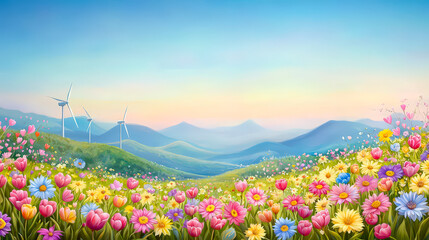 Poster - Colorful spring landscape with wind turbines and blooming flowers in a serene mountain setting at sunset
