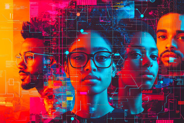 Poster - Bold digital artwork featuring diverse individuals against a vibrant, tech-inspired background