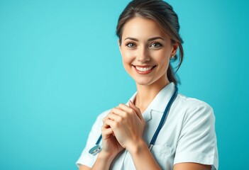 Wall Mural - Female nurse portrait with soft blue background