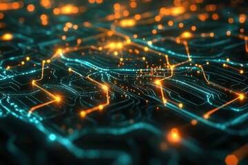 Poster - Digital circuit design illuminated with blue and orange lights at night