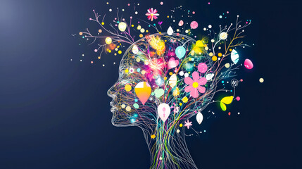 Poster - Creative representation of human mind with colorful flowers and light bursts against a dark background