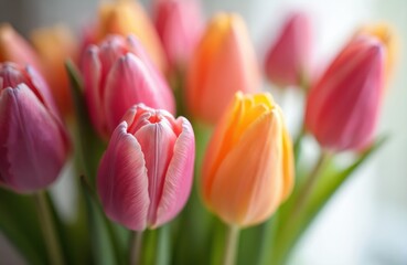 Fototapete - Bunch of colorful tulips in vase, close-up shot. Red, pink, yellow flowers bloom in spring. Floral bouquet gift for Valentines Day, Mothers Day, 8 march. Romantic freshness and bloom.