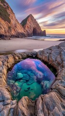 Wall Mural - Coastal rock formation with natural pool reflecting sunset colors, dramatic seascape. Nature photography concept
