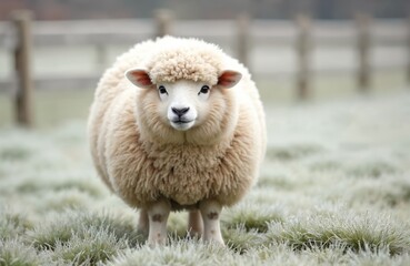 close-up of sheep with white wool coat standing in field with frosted grass. overweight mammal on fa