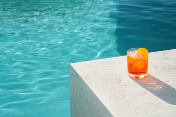Poster - Aperol spritz cocktail on the edge of an outdoor pool, next to a white concrete ledge, close-up shot