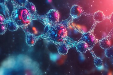 Poster - Chemical structure of molecules illuminated with bright colors in a dark background
