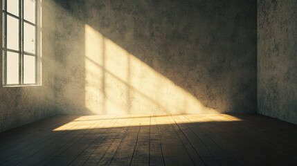 Sticker - Sunlight streams through a window illuminating a vacant room, contrasting light and shadow on the textured wall and wooden floor.