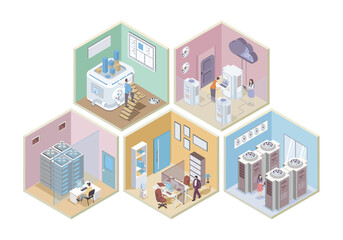 Poster - Data center 3d isometric rooms concept in isometry graphic design for web. People working with database system, making technical support and server maintenance, cloud processing. Vector illustration.