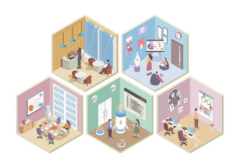 Aufkleber - Development company 3d isometric rooms concept in isometry graphic design for web. People working in offices, programming and developing startup, brainstorming at conference hall. Vector illustration.