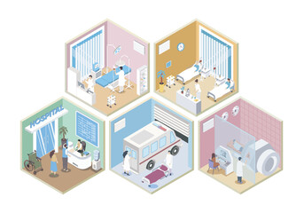 Aufkleber - Hospital 3d isometric rooms concept in isometry graphic design for web. People registering at clinic reception, doctors work at surgery, patients at wards, MRI service cabinet. Vector illustration.