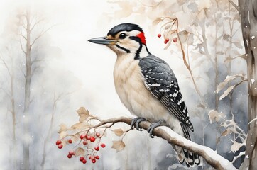 Wall Mural - Woodpecker perched on a snowy branch surrounded by winter trees and red berries