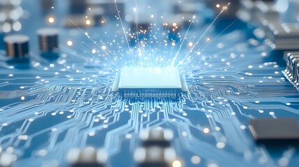 Poster - glowing microchip on circuit board with bright blue light effects and digital connections spreading 