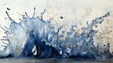 Poster - Ocean wave splash with dynamic water movement in deep blue and white tones, creating dramatic splashing effect against light background. Artistic fluid motion captured.