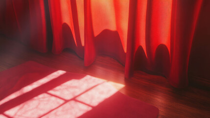 Poster - Warm sunlit interior with velvet drapes and mahogany flooring