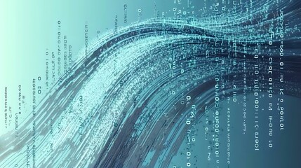 Poster - Abstract digital wave pattern with binary code elements in blue tones, flowing dynamic lines and numbers create futuristic technology background for data concepts.