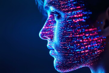 Poster - Profile view of digital face dissolving into glowing blue and pink particle effects against dark background, representing artificial intelligence and technology.