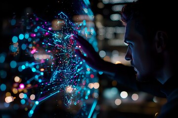 Poster - Young male silhouette interacting with glowing blue holographic network visualization against dark background with bokeh lights, representing digital innovation.