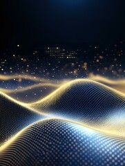 Poster - abstract digital wave pattern with glowing golden particles and dots forming flowing curves against 