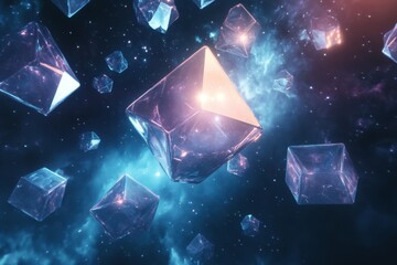 Poster - Floating translucent cubes in a vibrant cosmic background with swirling colors