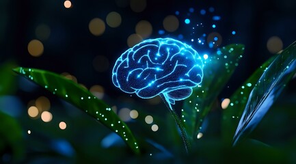 Poster - Glowing blue brain silhouette among green leaves with bokeh lights and sparkles, representing artificial intelligence, mind power and natural intelligence concept.
