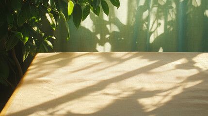 Poster - Mango wood and natural linen texture with leaf shadows in sunlit setting