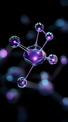 Poster - Glowing purple molecule structure with metallic spheres connected by luminous strands against dark background with bokeh lights, suitable for science concepts.
