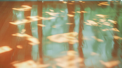Aufkleber - Reflections of maple leaves on glossy wooden surface with soft lighting ambiance