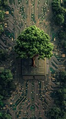 Poster - Tree growing from microchip on circuit board background. Nature and technology integration concept.