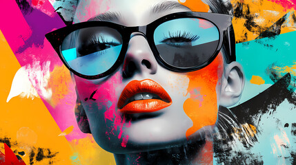 Wall Mural - A collage of a female face in abstract pop art style merges vivid hues and striking shapes into a captivating composition. Vibrant Street Graffiti Wall. Illustration