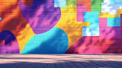 Wall Mural - A vibrant and colorful mural painted on an outdoor brick wall with graffiti designs, outdoor, street art, mural. Vibrant Street Graffiti Wall. Illustration