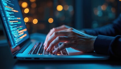 Poster - Close-up of hands typing code on laptop keyboard. support engineer provides software solutions, database management, digital tech services. Programmer works with code in dark office at night.