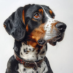 Wall Mural - A close-up image of a Labrador-like dog with patches of white, brown, and black fur, attentive and curious expression, wearing a collar, professionally photographed against a neutral ba - AI-Generated