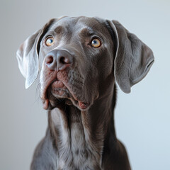 Wall Mural - Close-up portrait of a large-breed dog with short fur, prominent ears, expressive eyes, and a distinct muzzle The coat color may appear gray or silver depending on the lighting The do - AI-Generated