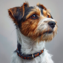 Wall Mural - Close-up image of a terrier dog with white, black, and tan markings, wearing a collar, and exhibiting an attentivecurious expression Soft lighting enhances the fur texture - AI-Generated