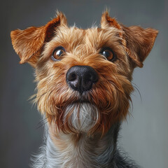 Wall Mural - A close-up portrait of a brown, black, and white terrier with erect ears and focused eyes, taken in a controlled lighting environment for professional pet photography - AI-Generated