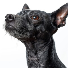 Wall Mural - Image of an alert, attentive small dog breed with distinctive facial features, looking up Background is light and out of focus - AI-Generated